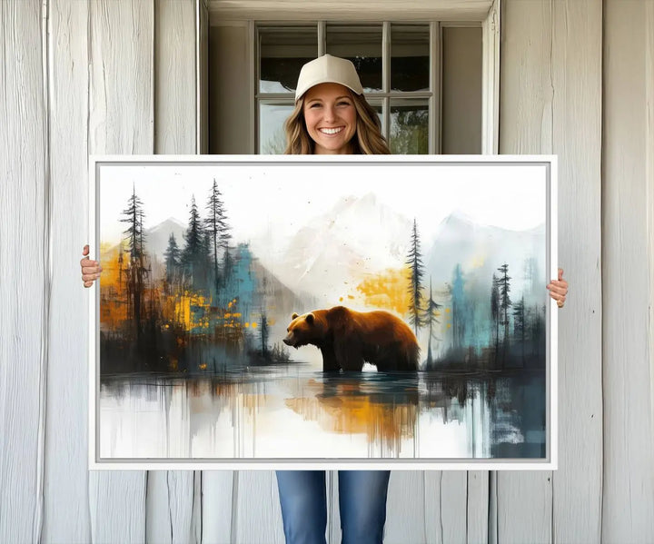 The wall art in the dining room is an Abstract Rustic Bear Canvas featuring a forest and mountain scene, perfect for farmhouse decor.