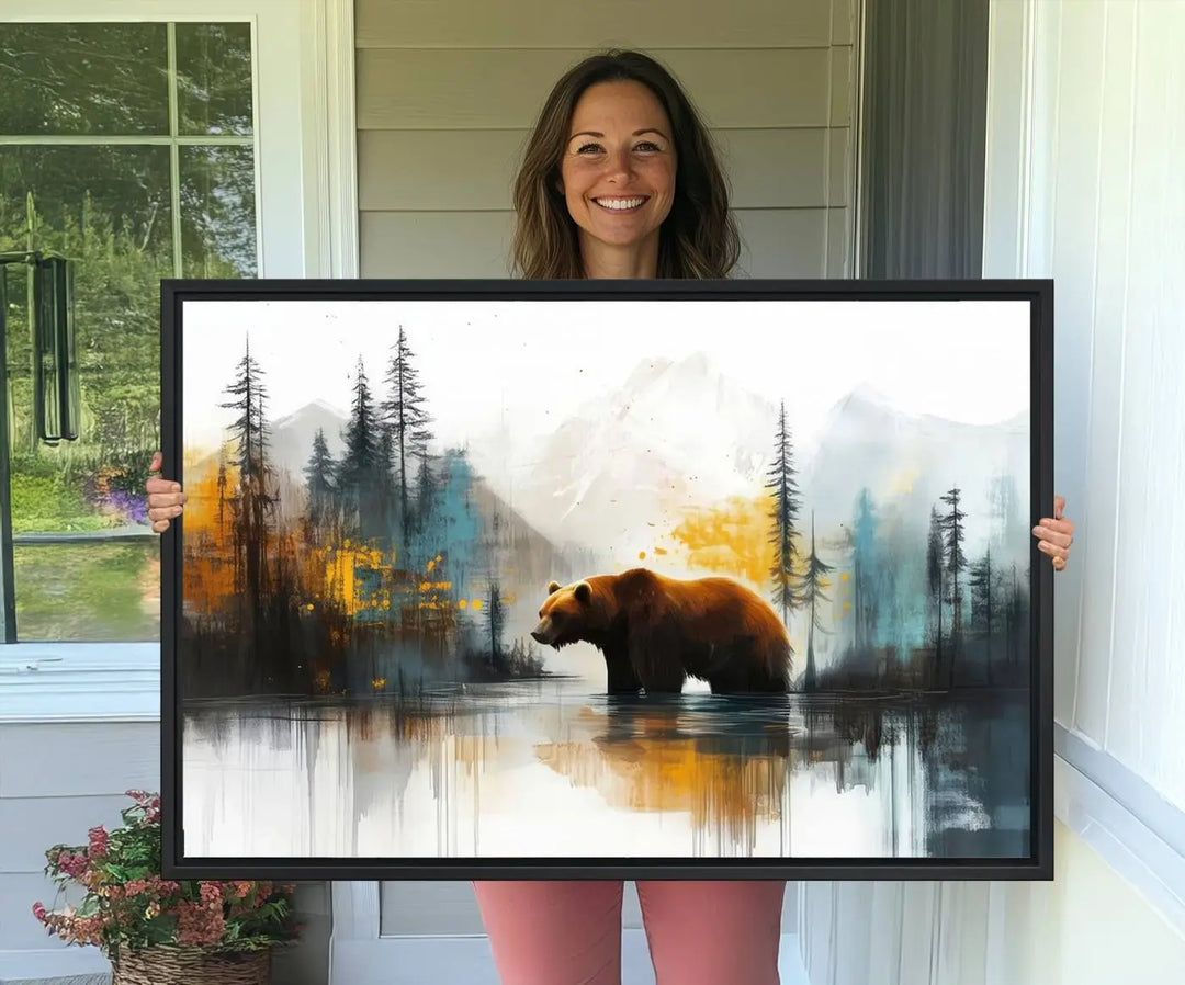 The wall art in the dining room is an Abstract Rustic Bear Canvas featuring a forest and mountain scene, perfect for farmhouse decor.