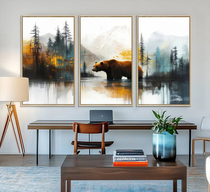 The wall art in the dining room is an Abstract Rustic Bear Canvas featuring a forest and mountain scene, perfect for farmhouse decor.