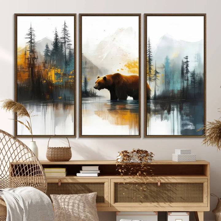 The wall art in the dining room is an Abstract Rustic Bear Canvas featuring a forest and mountain scene, perfect for farmhouse decor.