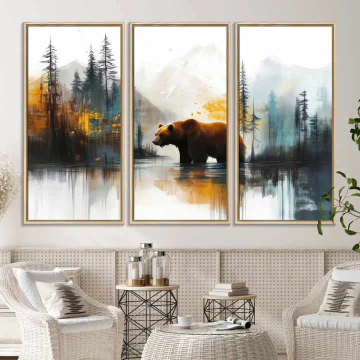The wall art in the dining room is an Abstract Rustic Bear Canvas featuring a forest and mountain scene, perfect for farmhouse decor.