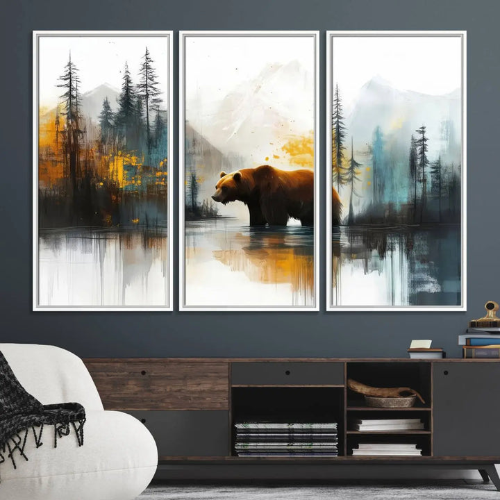 The wall art in the dining room is an Abstract Rustic Bear Canvas featuring a forest and mountain scene, perfect for farmhouse decor.