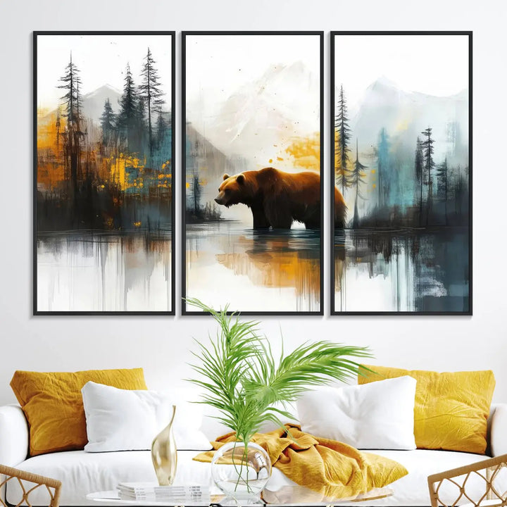 The wall art in the dining room is an Abstract Rustic Bear Canvas featuring a forest and mountain scene, perfect for farmhouse decor.
