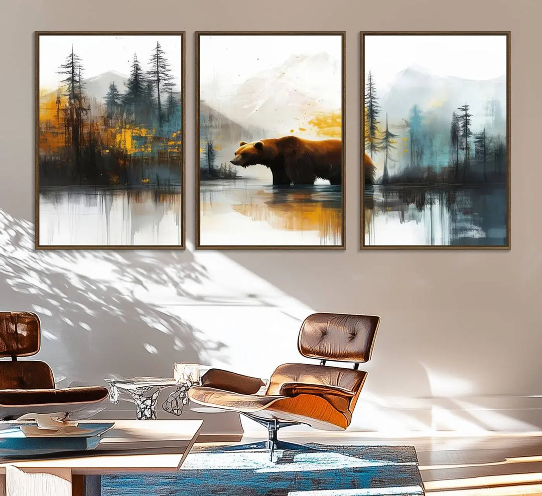 The wall art in the dining room is an Abstract Rustic Bear Canvas featuring a forest and mountain scene, perfect for farmhouse decor.