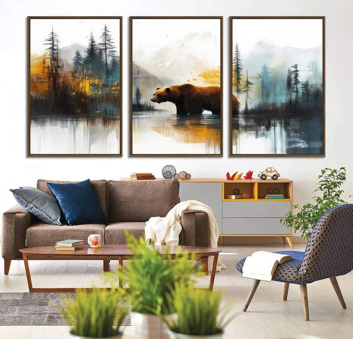 The wall art in the dining room is an Abstract Rustic Bear Canvas featuring a forest and mountain scene, perfect for farmhouse decor.