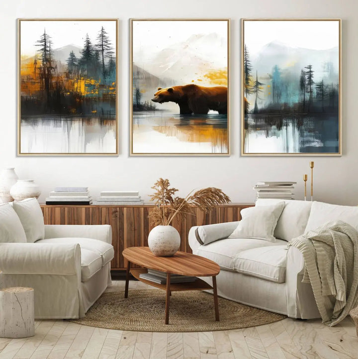 The wall art in the dining room is an Abstract Rustic Bear Canvas featuring a forest and mountain scene, perfect for farmhouse decor.