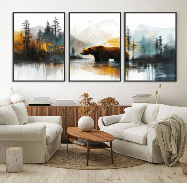 The wall art in the dining room is an Abstract Rustic Bear Canvas featuring a forest and mountain scene, perfect for farmhouse decor.