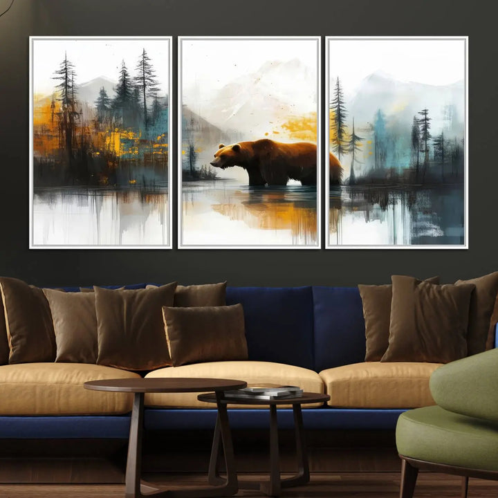 The wall art in the dining room is an Abstract Rustic Bear Canvas featuring a forest and mountain scene, perfect for farmhouse decor.