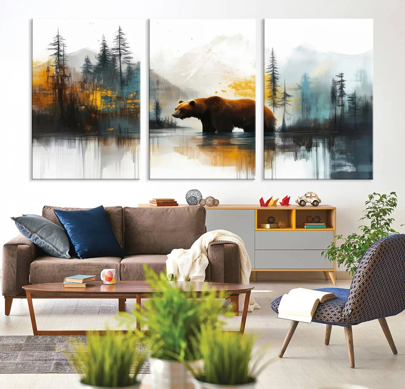 50308-MGV-CV-36X24-Abstract Rustic Bear Wall Art Canvas Print – Forest Mountain Nature Scene Wildlife Artwork for Home, Office Decor