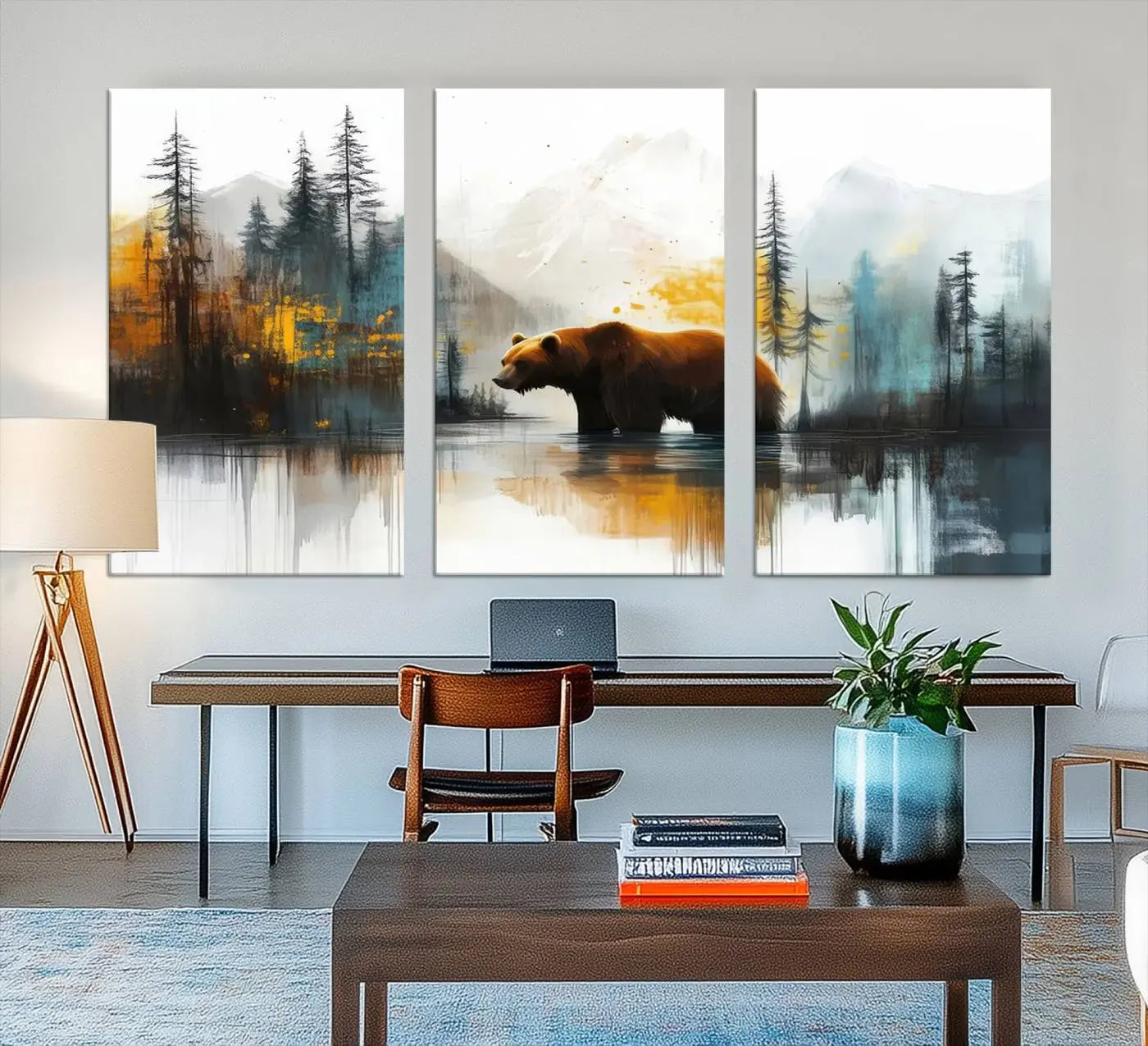 50308-MGV-CV-48X32-3P-Abstract Rustic Bear Wall Art Canvas Print – Forest Mountain Nature Scene Wildlife Artwork for Home, Office Decor