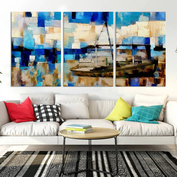 The "Abstract Ship Painting on Canvas Wall Art Print Nautical Art Print," featuring a boat on a calm sea in blue and white tones, is displayed prominently.