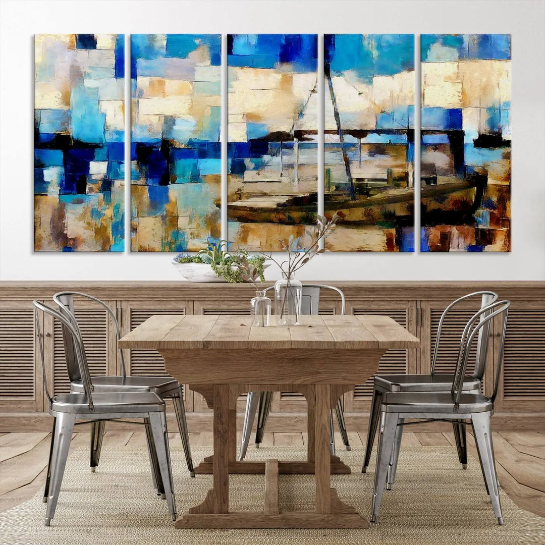 The "Abstract Ship Painting on Canvas Wall Art Print Nautical Art Print," featuring a boat on a calm sea in blue and white tones, is displayed prominently.