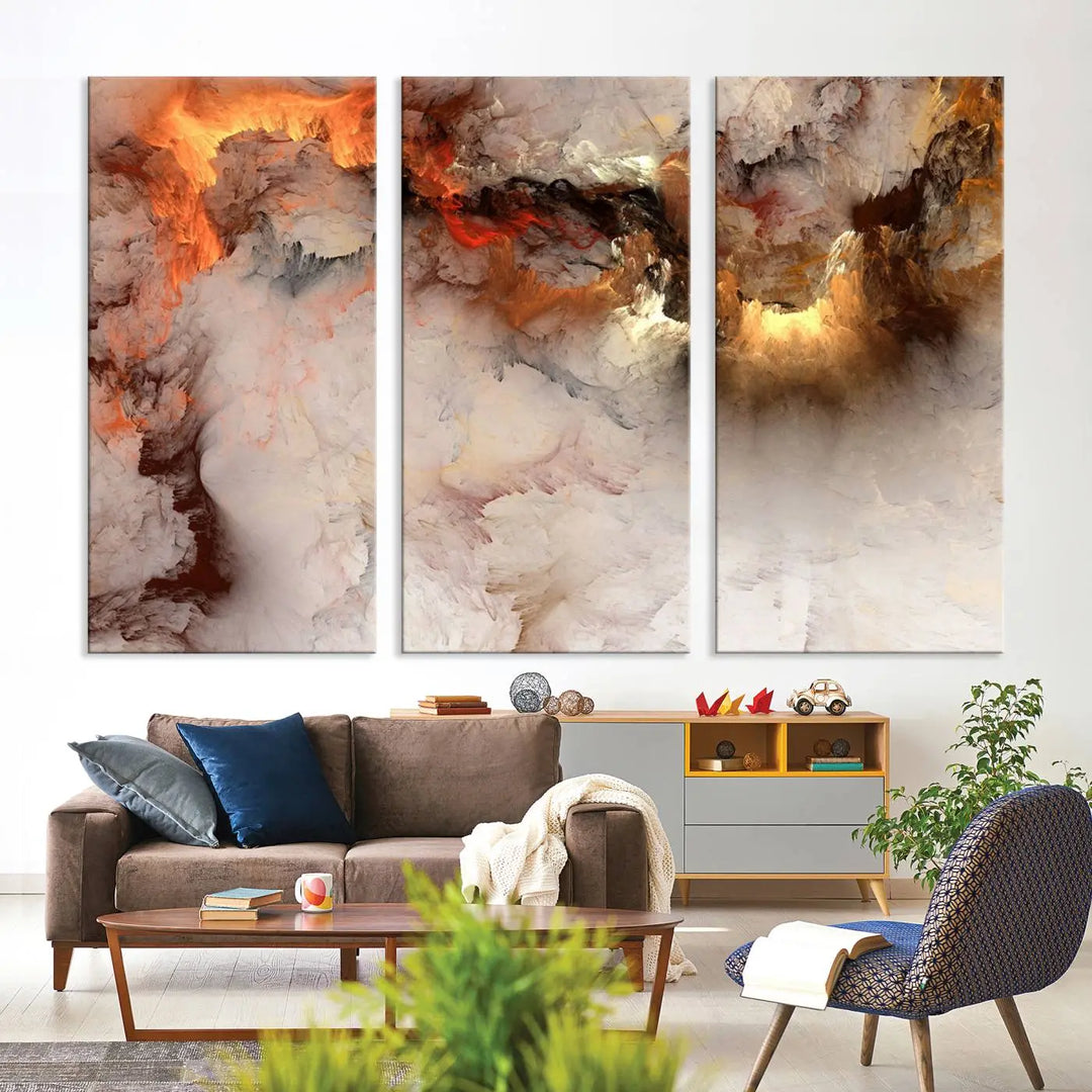 The room is adorned with the *Abstract Smokes Canvas Wall Art Print*, which introduces stunning fiery hues, adding a dynamic aesthetic to the space.