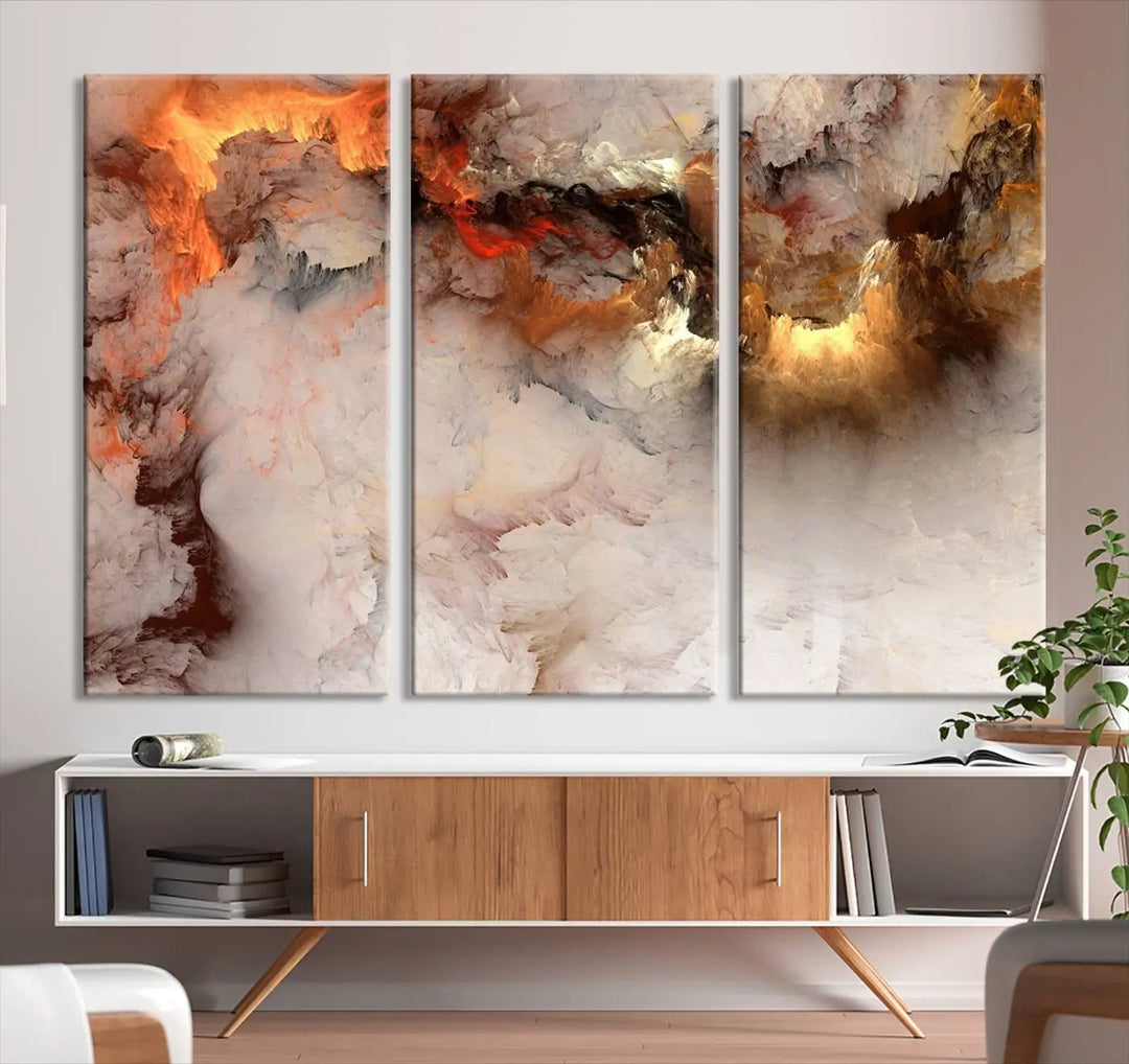 The room is adorned with the *Abstract Smokes Canvas Wall Art Print*, which introduces stunning fiery hues, adding a dynamic aesthetic to the space.