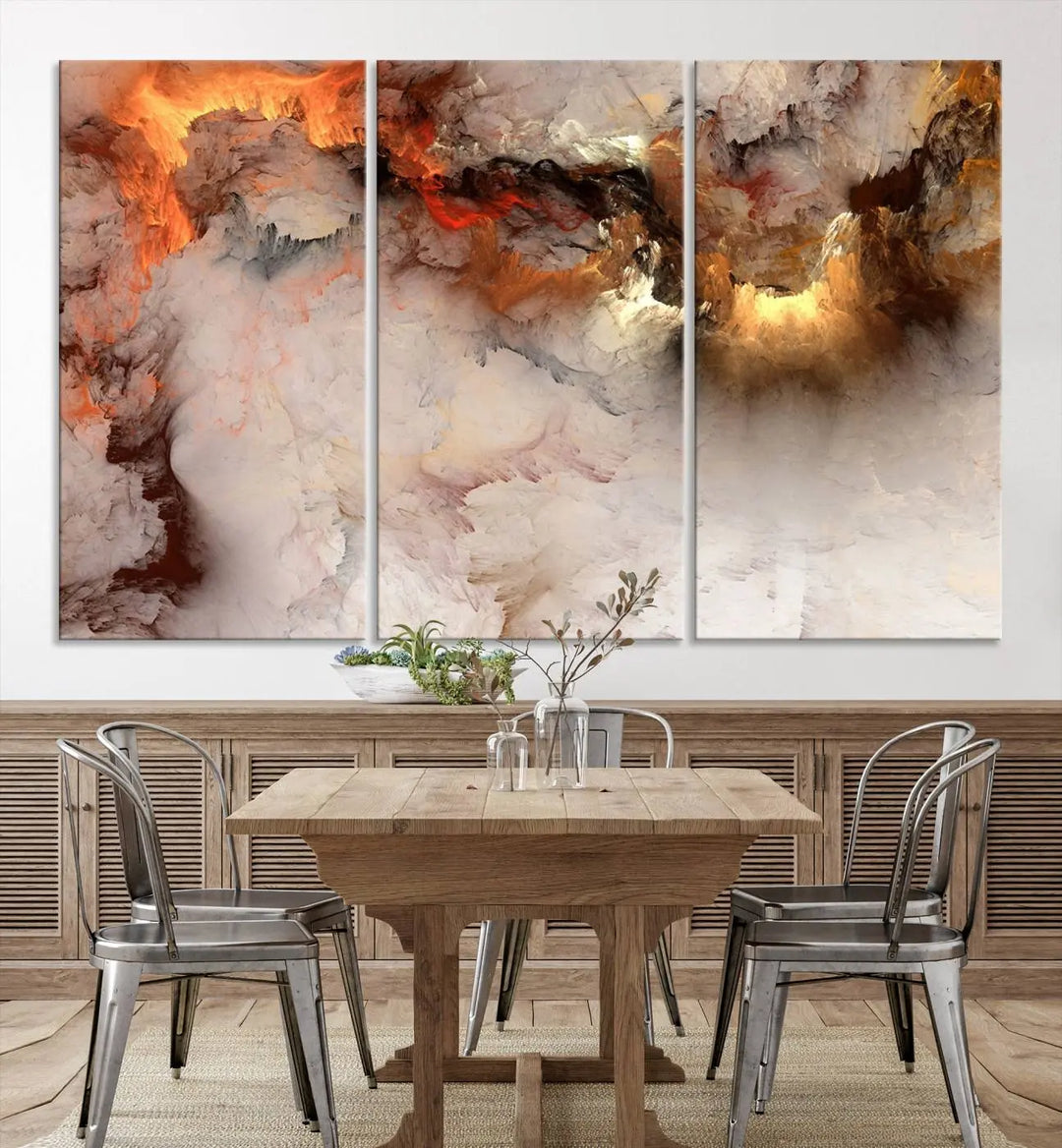 The room is adorned with the *Abstract Smokes Canvas Wall Art Print*, which introduces stunning fiery hues, adding a dynamic aesthetic to the space.