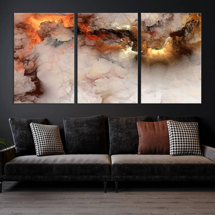 The room is adorned with the *Abstract Smokes Canvas Wall Art Print*, which introduces stunning fiery hues, adding a dynamic aesthetic to the space.