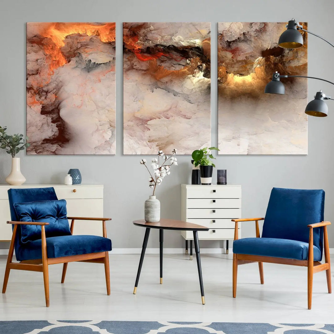 The room is adorned with the *Abstract Smokes Canvas Wall Art Print*, which introduces stunning fiery hues, adding a dynamic aesthetic to the space.