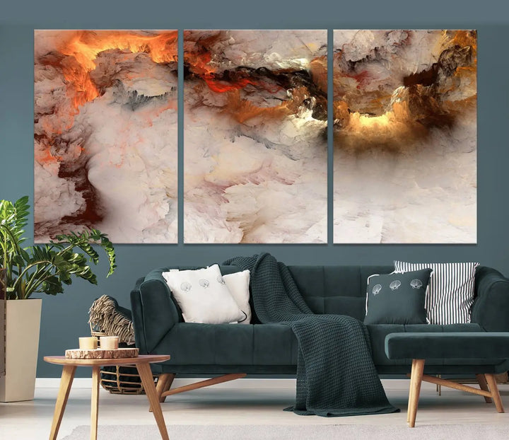 The room is adorned with the *Abstract Smokes Canvas Wall Art Print*, which introduces stunning fiery hues, adding a dynamic aesthetic to the space.