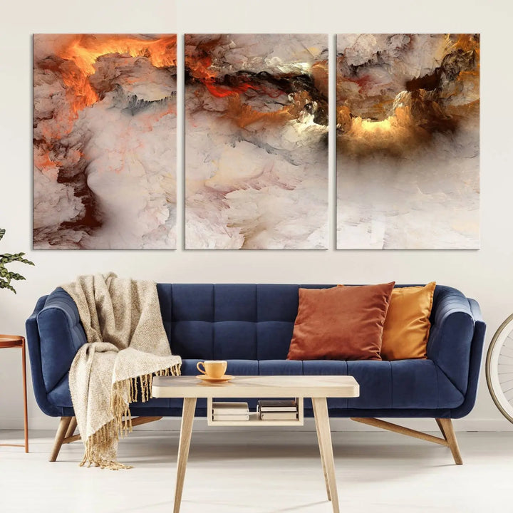 The room is adorned with the *Abstract Smokes Canvas Wall Art Print*, which introduces stunning fiery hues, adding a dynamic aesthetic to the space.