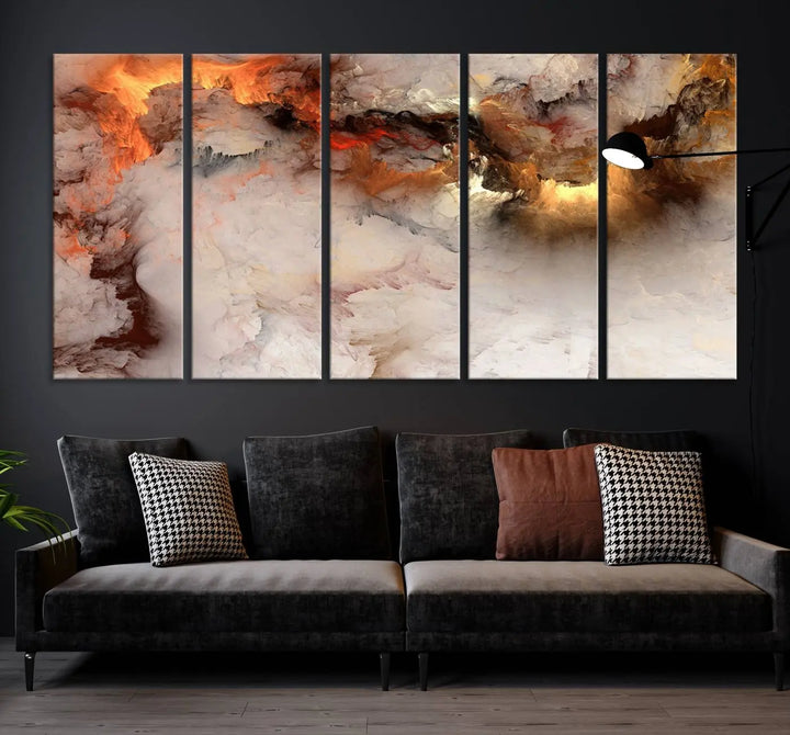 The room is adorned with the *Abstract Smokes Canvas Wall Art Print*, which introduces stunning fiery hues, adding a dynamic aesthetic to the space.