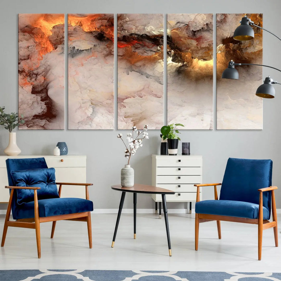 The room is adorned with the *Abstract Smokes Canvas Wall Art Print*, which introduces stunning fiery hues, adding a dynamic aesthetic to the space.