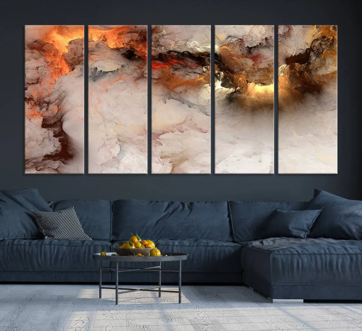 The room is adorned with the *Abstract Smokes Canvas Wall Art Print*, which introduces stunning fiery hues, adding a dynamic aesthetic to the space.