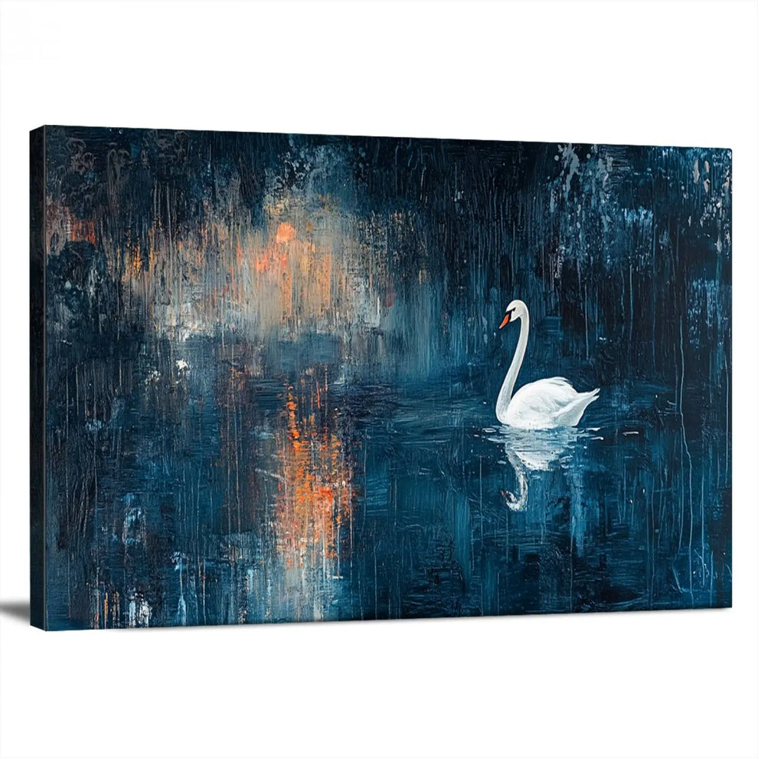 The Abstract Swan Wall Art is a captivating canvas print featuring a moody blue and orange swan on dark water, perfect for enhancing contemporary home decor.