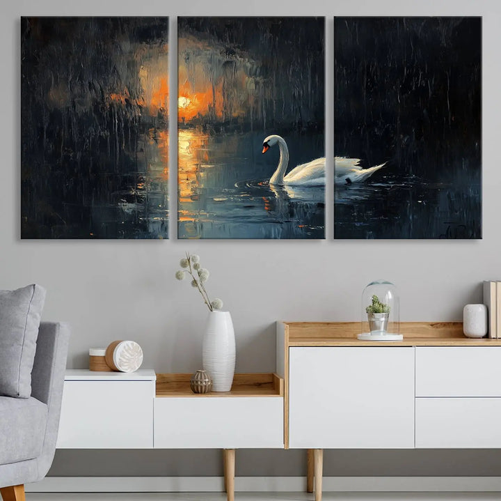 The room features a modern canvas artwork, highlighted by the Abstract Swan on Water Wall Art Canvas Print, which creates an elegant nature scene with its triptych painting of a swan on a lake at sunset.