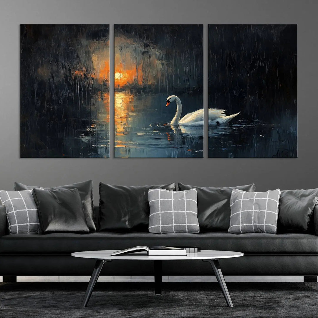 The room features a modern canvas artwork, highlighted by the Abstract Swan on Water Wall Art Canvas Print, which creates an elegant nature scene with its triptych painting of a swan on a lake at sunset.