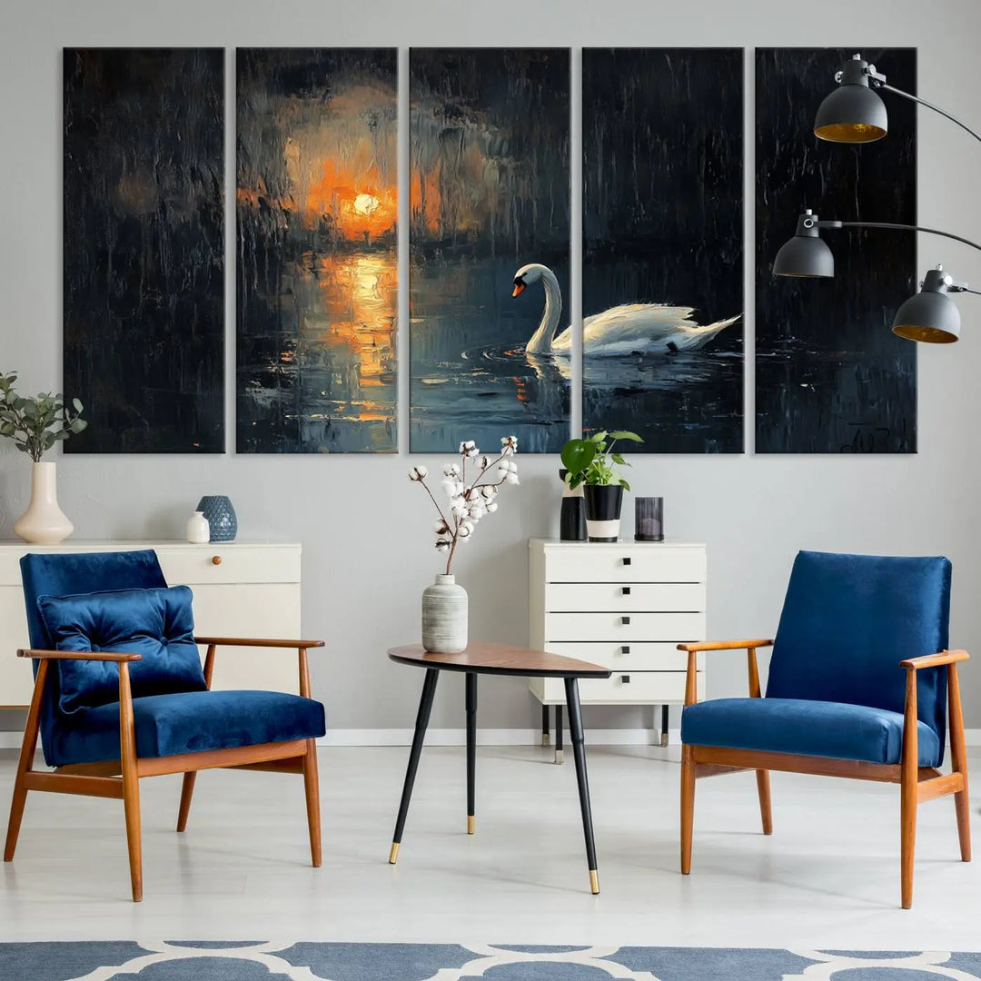 The room features a modern canvas artwork, highlighted by the Abstract Swan on Water Wall Art Canvas Print, which creates an elegant nature scene with its triptych painting of a swan on a lake at sunset.