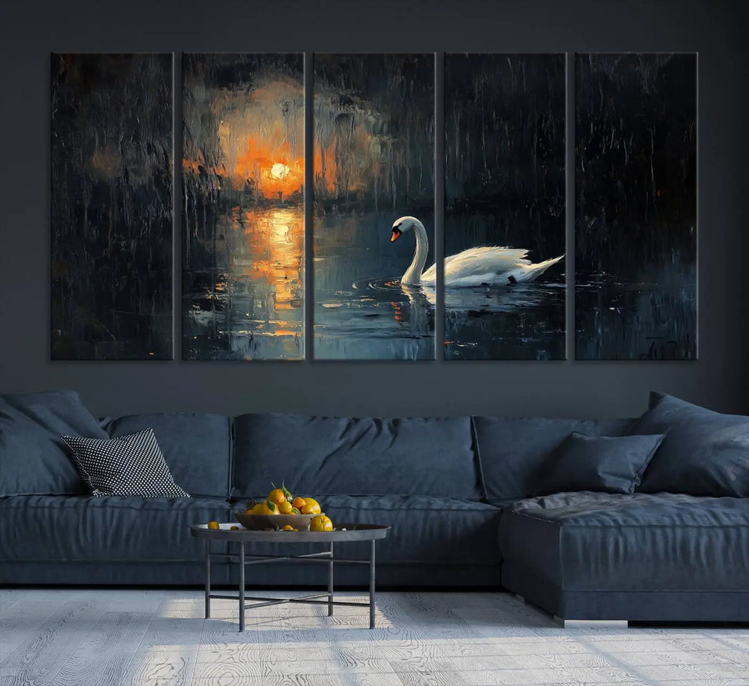 The room features a modern canvas artwork, highlighted by the Abstract Swan on Water Wall Art Canvas Print, which creates an elegant nature scene with its triptych painting of a swan on a lake at sunset.