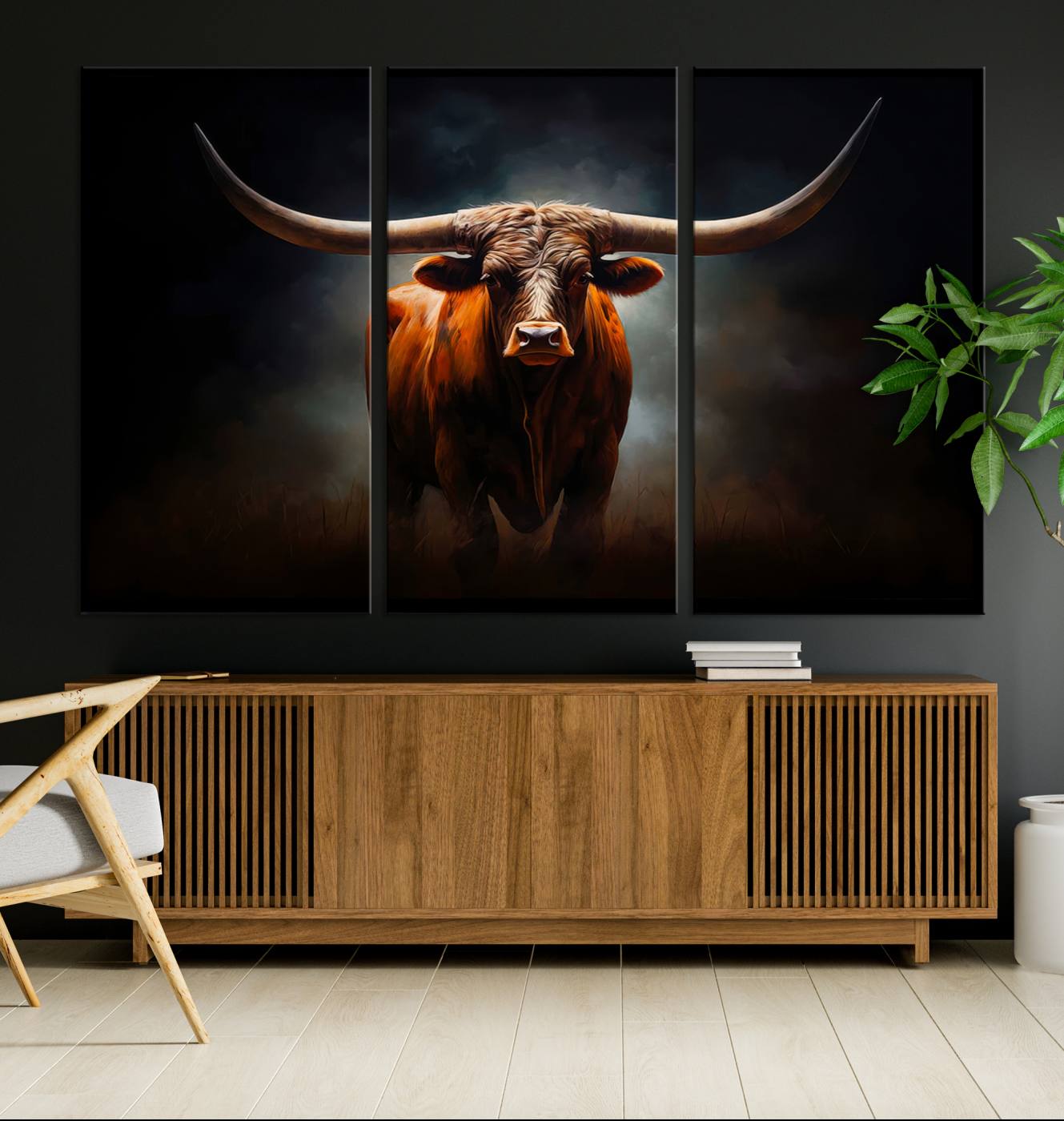 48896-MGV-CV-36X24-Abstract Texas Longhorn Wall Art Print | 3-Panel Large Texas Longhorn Canvas Print for Living Room, Office Farmhouse Decor | Framed