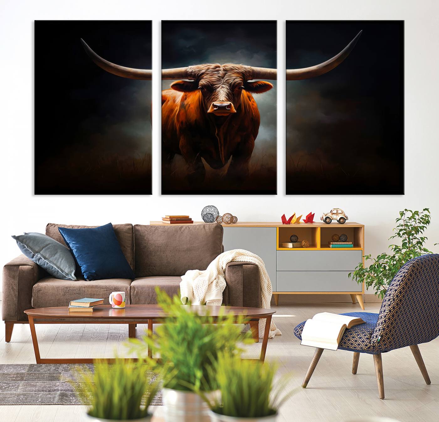 48896-MGV-CV-36X24-Abstract Texas Longhorn Wall Art Print | 3-Panel Large Texas Longhorn Canvas Print for Living Room, Office Farmhouse Decor | Framed