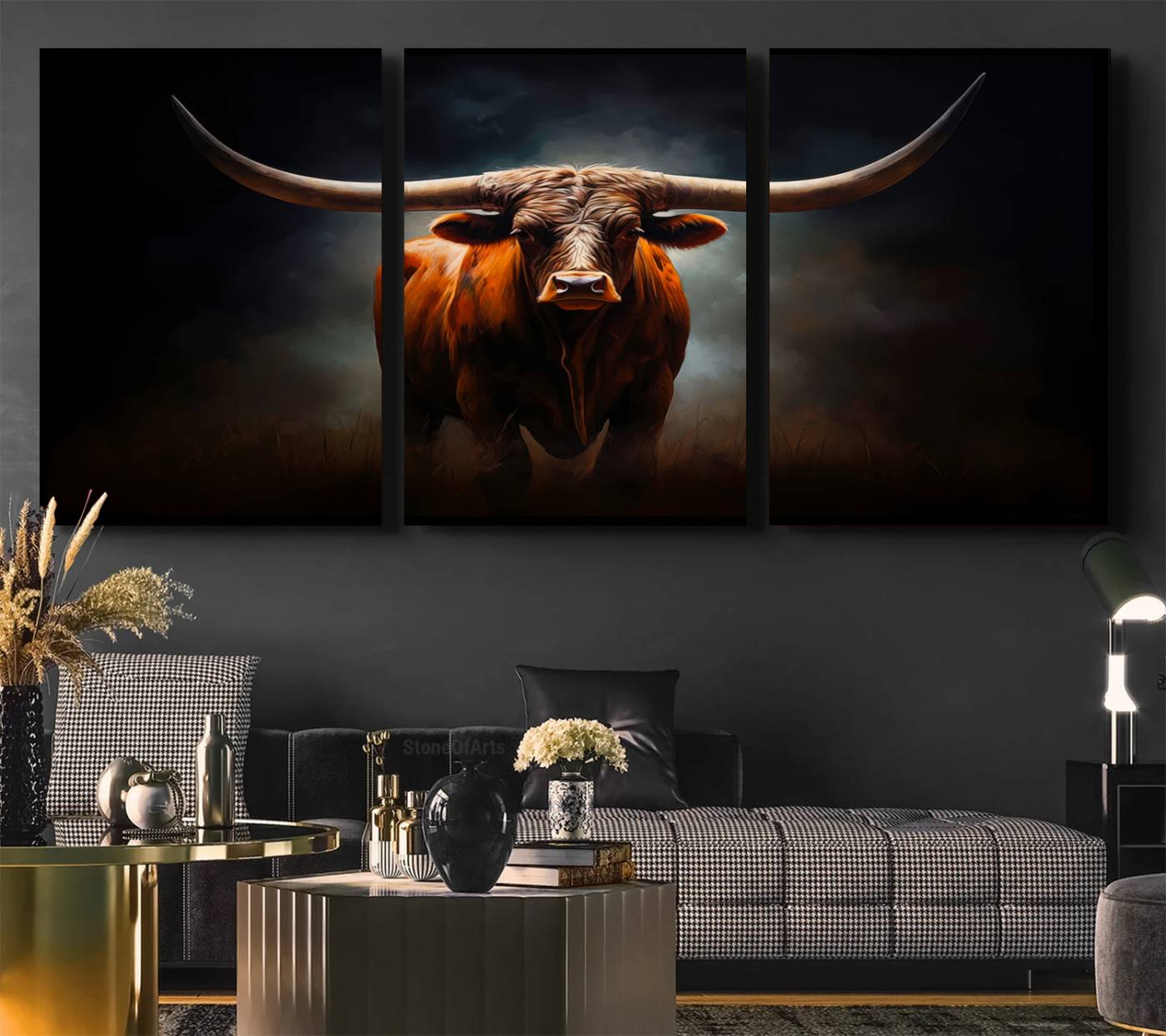48896-MGV-CV-36X24-Abstract Texas Longhorn Wall Art Print | 3-Panel Large Texas Longhorn Canvas Print for Living Room, Office Farmhouse Decor | Framed