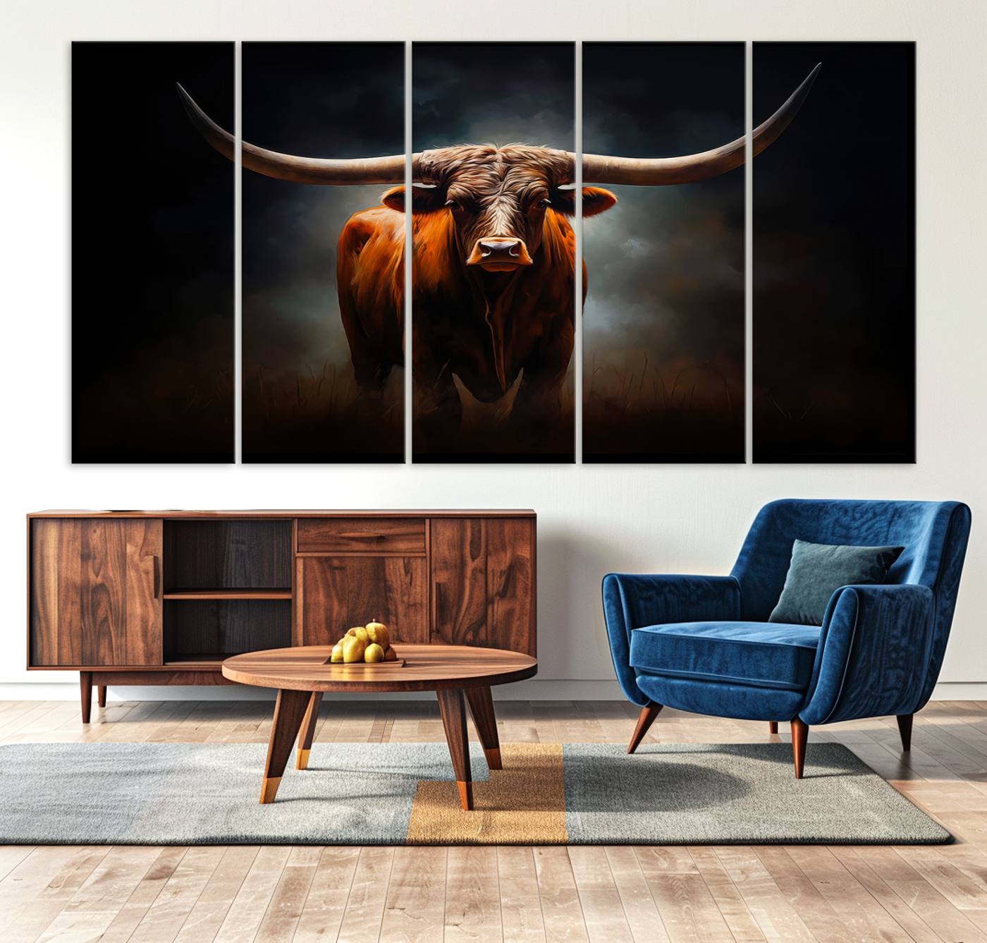 48896-MGV-CV-36X24-Abstract Texas Longhorn Wall Art Print | 3-Panel Large Texas Longhorn Canvas Print for Living Room, Office Farmhouse Decor | Framed
