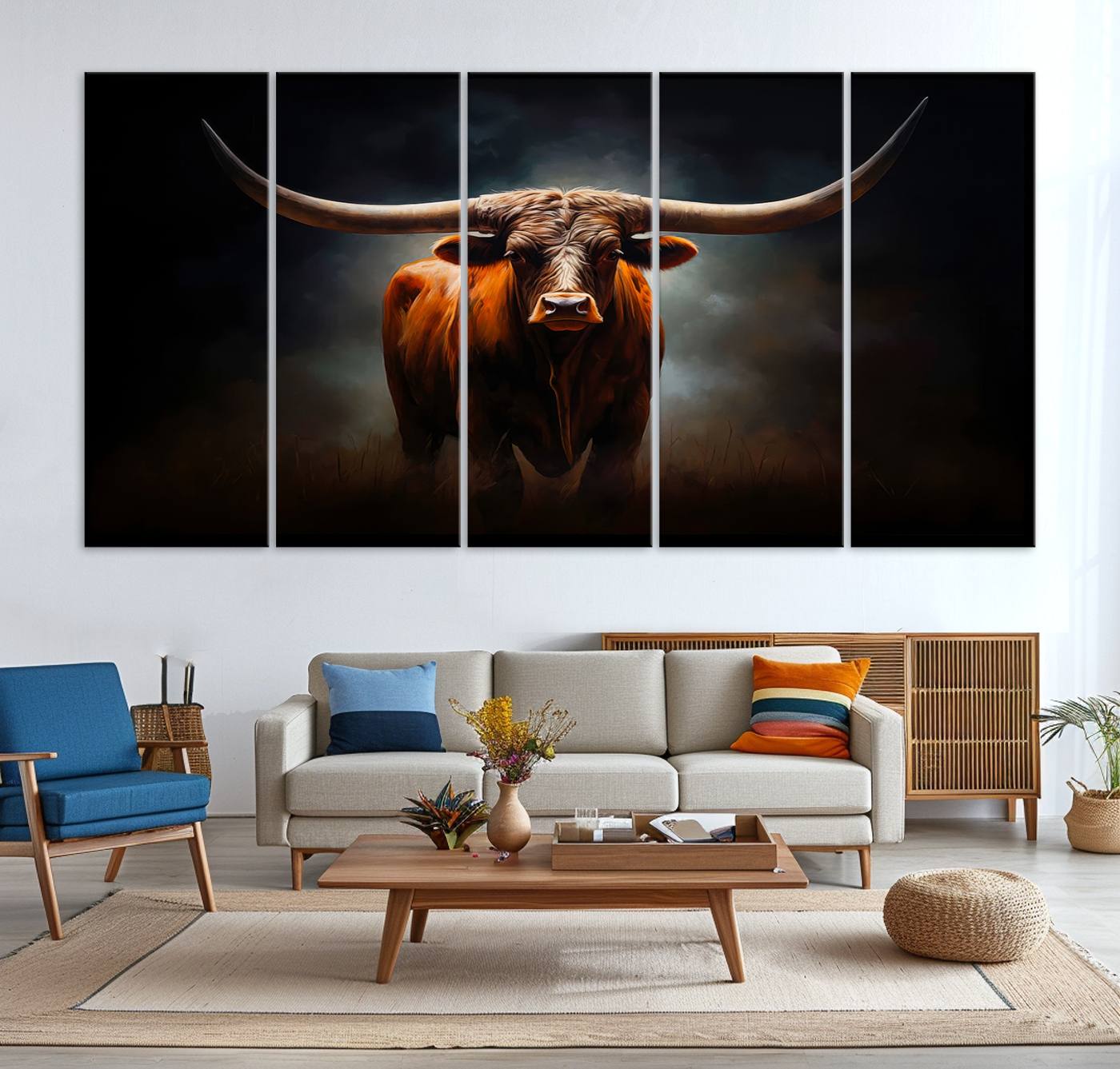 48896-MGV-CV-36X24-Abstract Texas Longhorn Wall Art Print | 3-Panel Large Texas Longhorn Canvas Print for Living Room, Office Farmhouse Decor | Framed