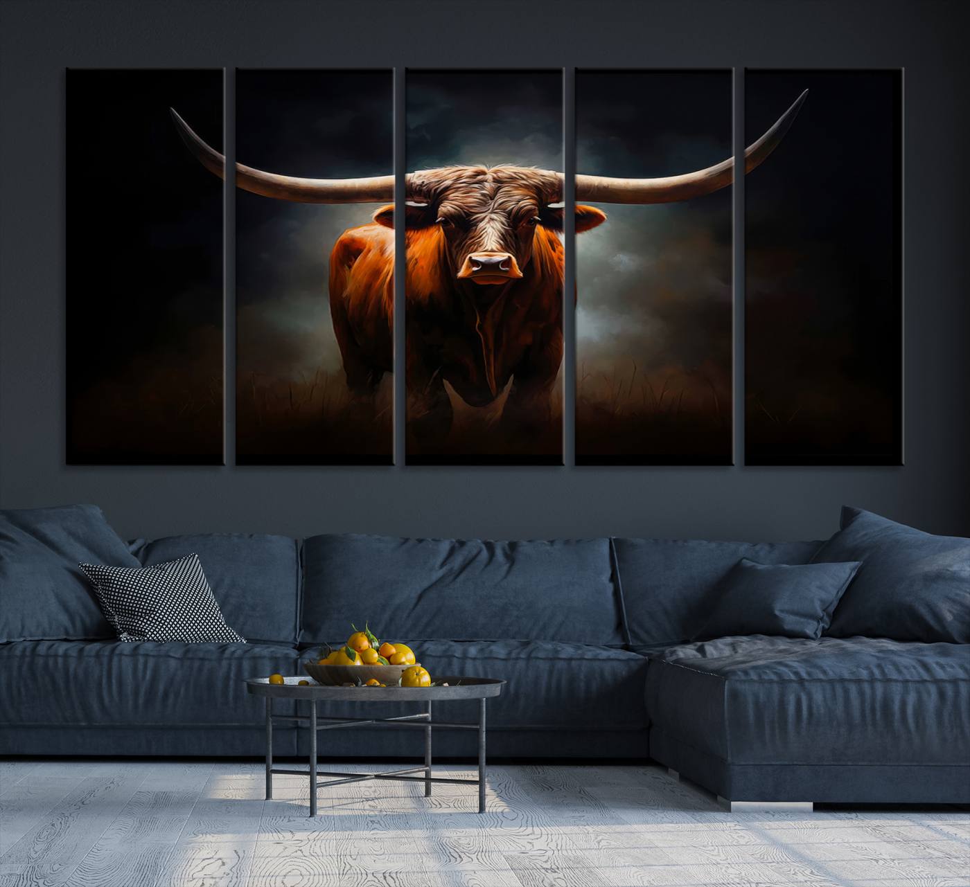 48896-MGV-CV-36X24-Abstract Texas Longhorn Wall Art Print | 3-Panel Large Texas Longhorn Canvas Print for Living Room, Office Farmhouse Decor | Framed