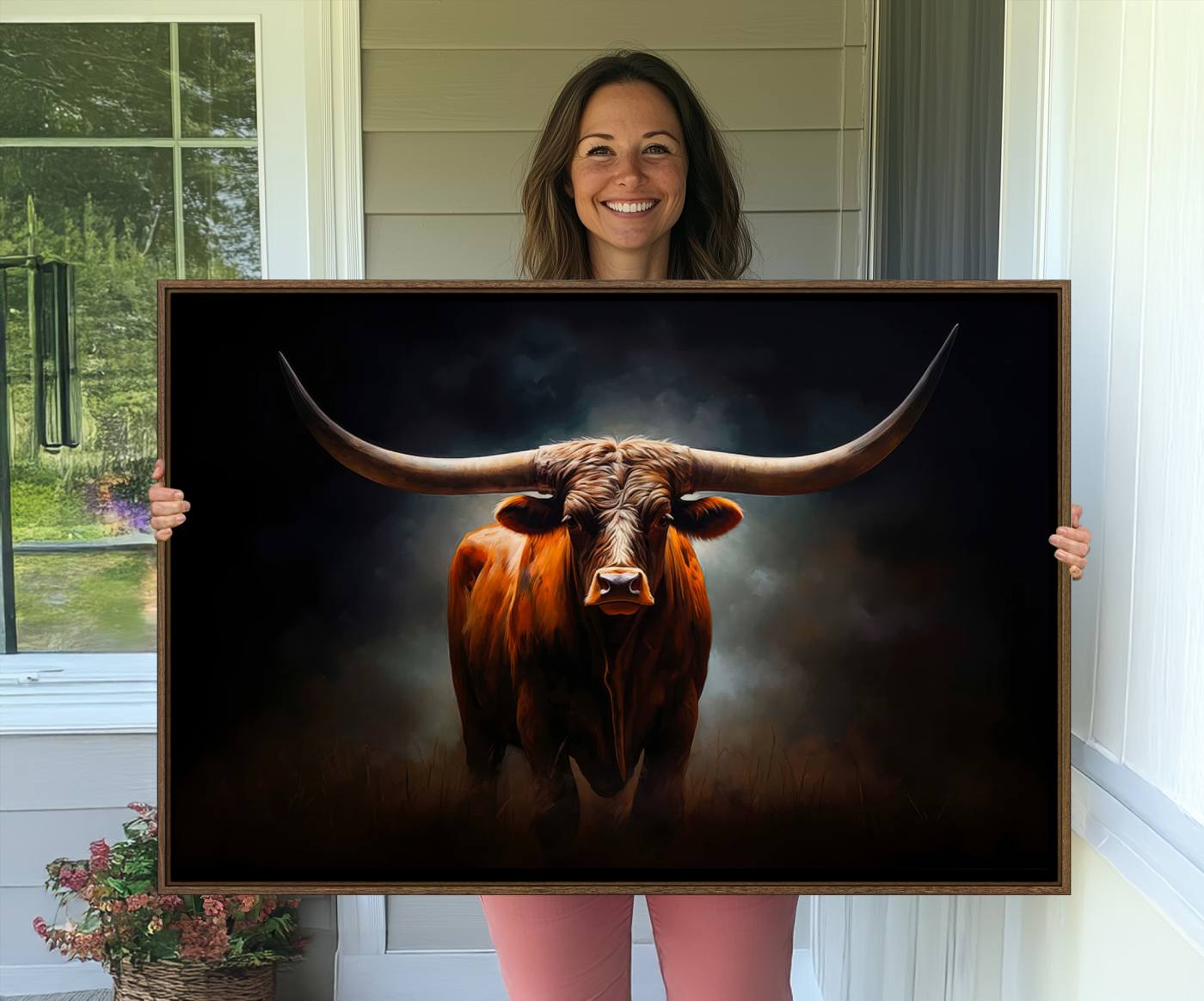 48896-MGV-CV-36X24-Abstract Texas Longhorn Wall Art Print | 3-Panel Large Texas Longhorn Canvas Print for Living Room, Office Farmhouse Decor | Framed