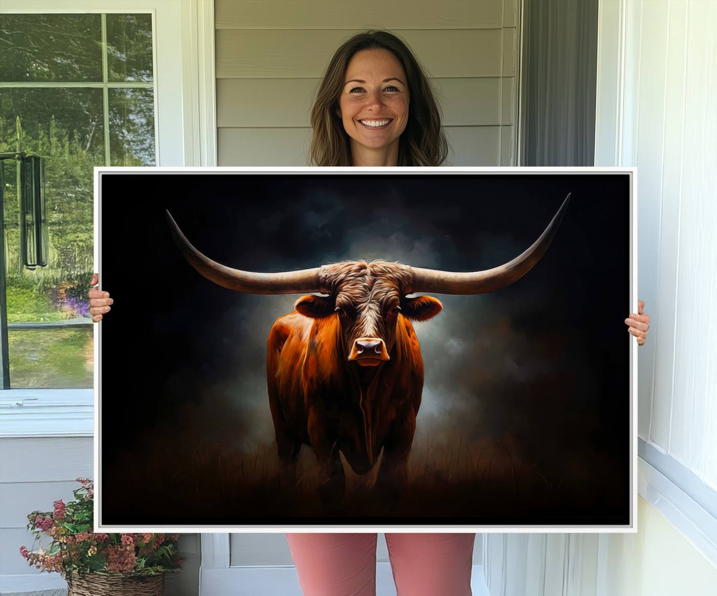 48896-MGV-CV-36X24-Abstract Texas Longhorn Wall Art Print | 3-Panel Large Texas Longhorn Canvas Print for Living Room, Office Farmhouse Decor | Framed