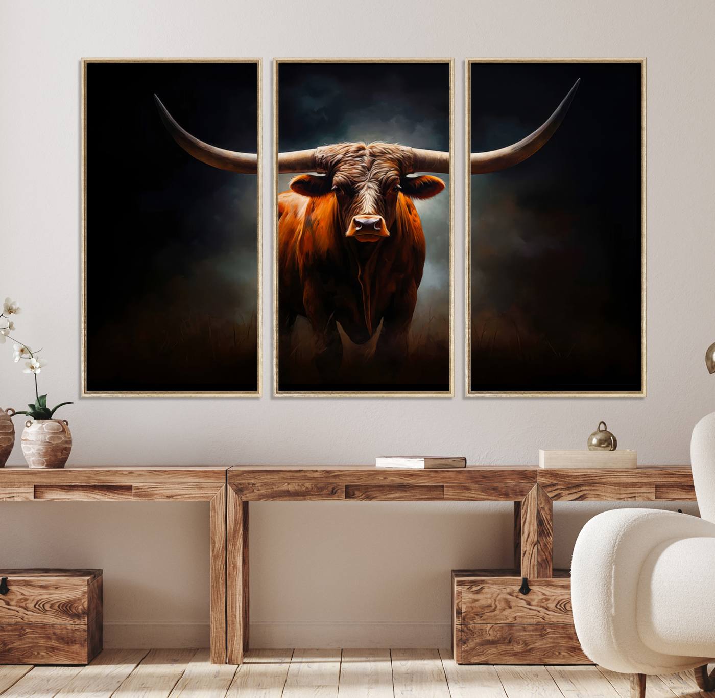 48896-MGV-CV-36X24-Abstract Texas Longhorn Wall Art Print | 3-Panel Large Texas Longhorn Canvas Print for Living Room, Office Farmhouse Decor | Framed