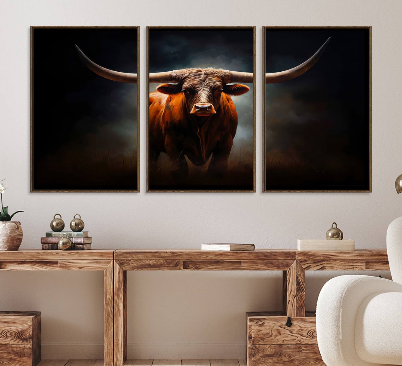 48896-MGV-CV-36X24-Abstract Texas Longhorn Wall Art Print | 3-Panel Large Texas Longhorn Canvas Print for Living Room, Office Farmhouse Decor | Framed