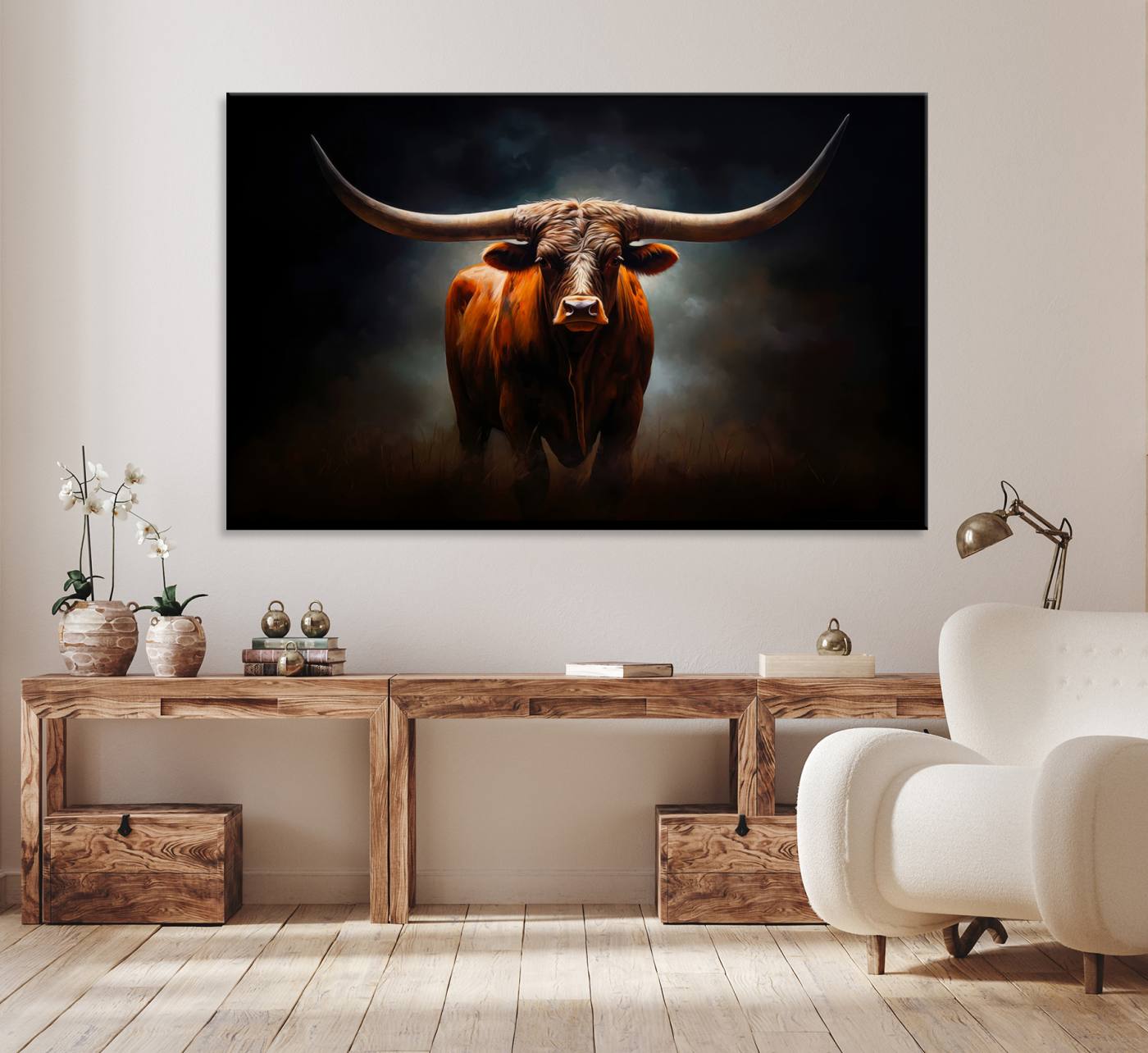 48896-MGV-CV-36X24-Abstract Texas Longhorn Wall Art Print | 3-Panel Large Texas Longhorn Canvas Print for Living Room, Office Farmhouse Decor | Framed