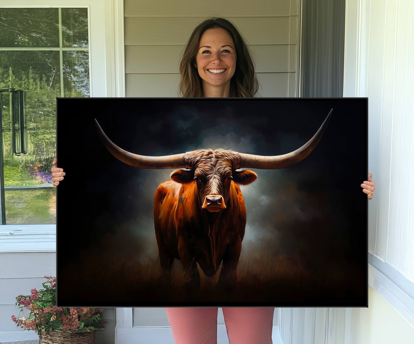 48896-MGV-CV-36X24-Abstract Texas Longhorn Wall Art Print | 3-Panel Large Texas Longhorn Canvas Print for Living Room, Office Farmhouse Decor | Framed