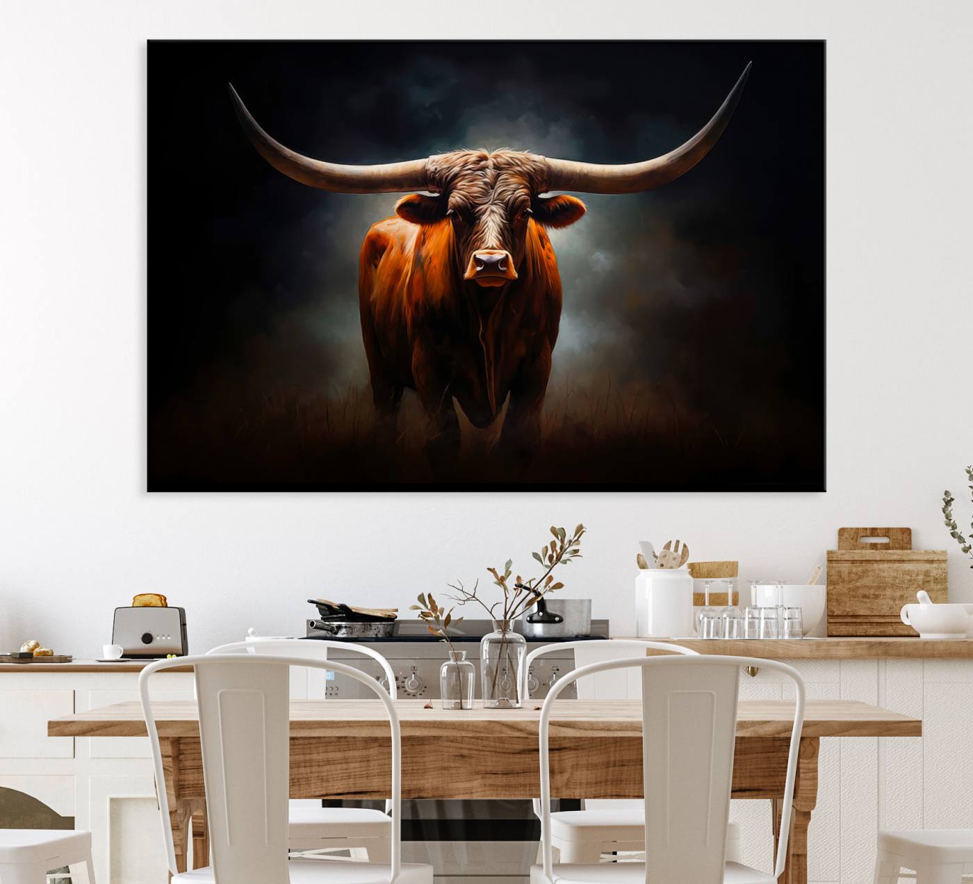 48896-MGV-CV-36X24-Abstract Texas Longhorn Wall Art Print | 3-Panel Large Texas Longhorn Canvas Print for Living Room, Office Farmhouse Decor | Framed