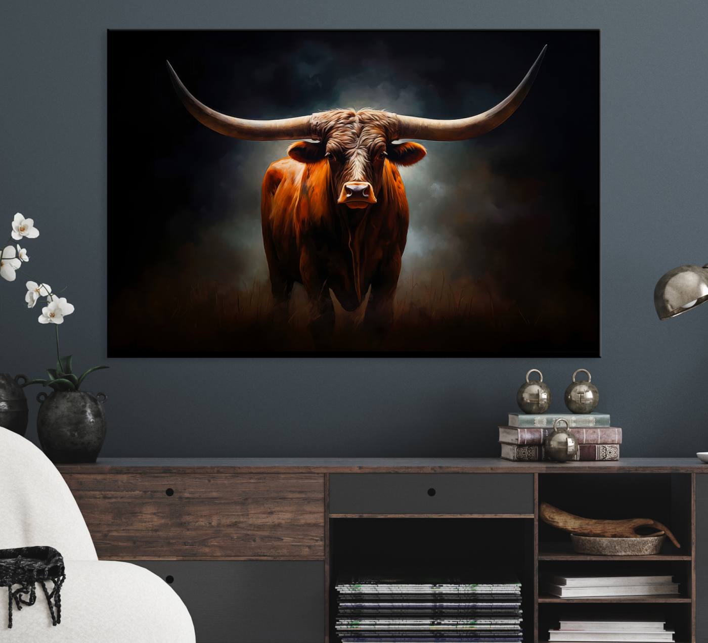 48896-MGV-CV-36X24-Abstract Texas Longhorn Wall Art Print | 3-Panel Large Texas Longhorn Canvas Print for Living Room, Office Farmhouse Decor | Framed