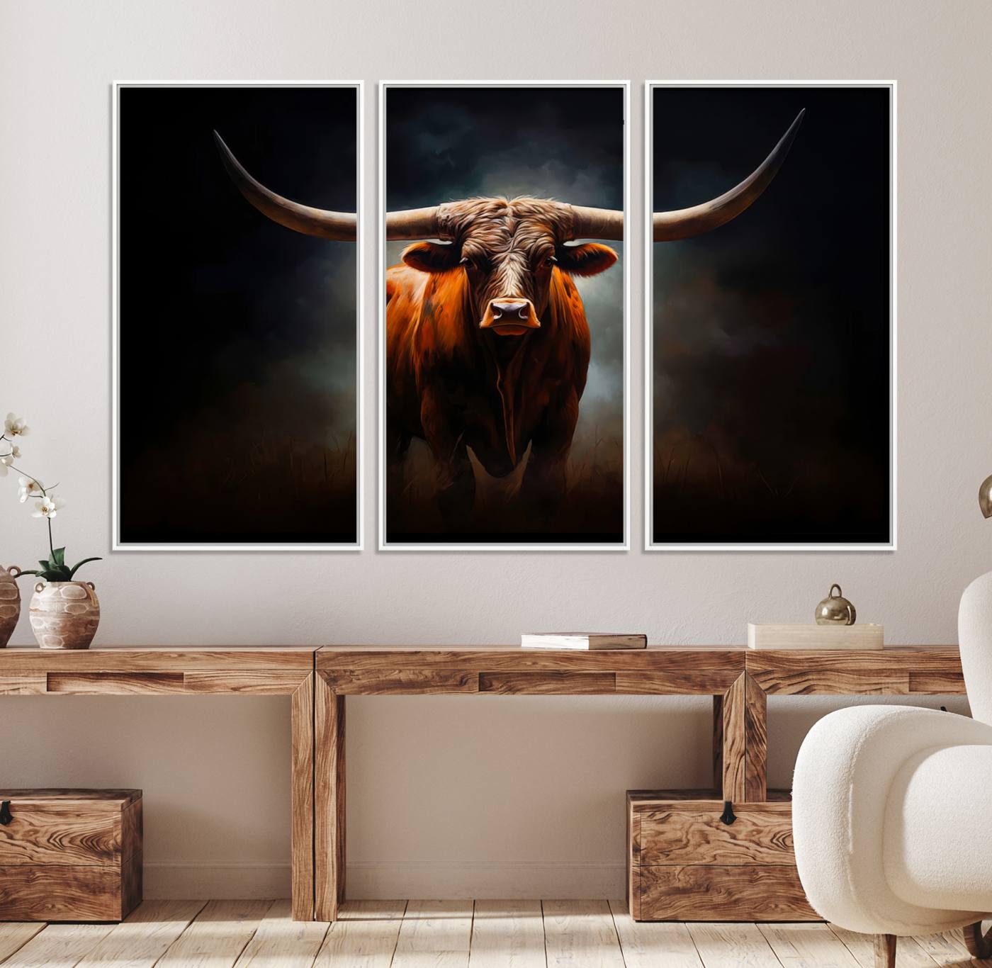 48896-MGV-FC-48X32-3P_White-Abstract Texas Longhorn Wall Art Print | 3-Panel Large Texas Longhorn Canvas Print for Living Room, Office Farmhouse Decor | Framed