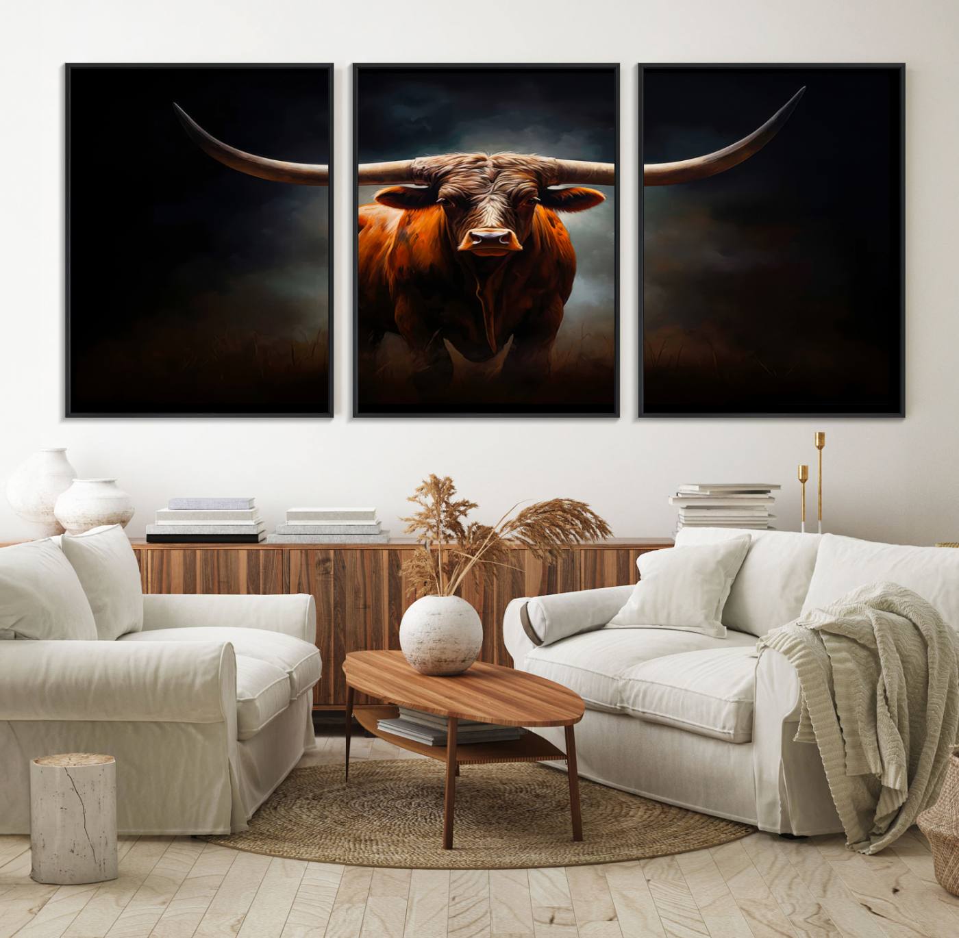 48896-MGV-FC-60X30-3P_Black-Abstract Texas Longhorn Wall Art Print | 3-Panel Large Texas Longhorn Canvas Print for Living Room, Office Farmhouse Decor | Framed
