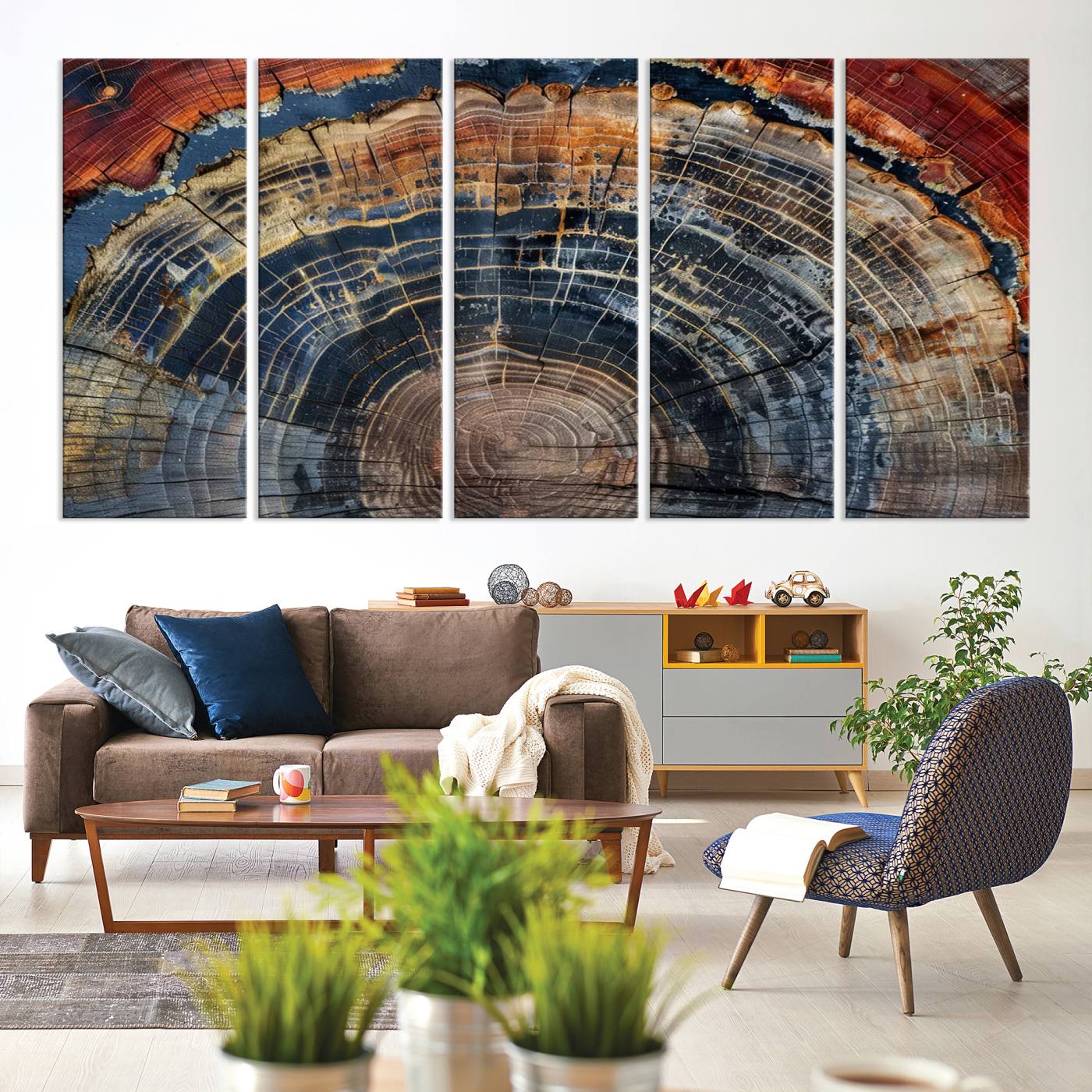 63519-MGV-CV-60X31-5P-Abstract Tree Ring Wall Art - Colorful Framed Tree Ring Wall Decor, Minimalist Home Canvas Art, Modern Farmhouse Decor