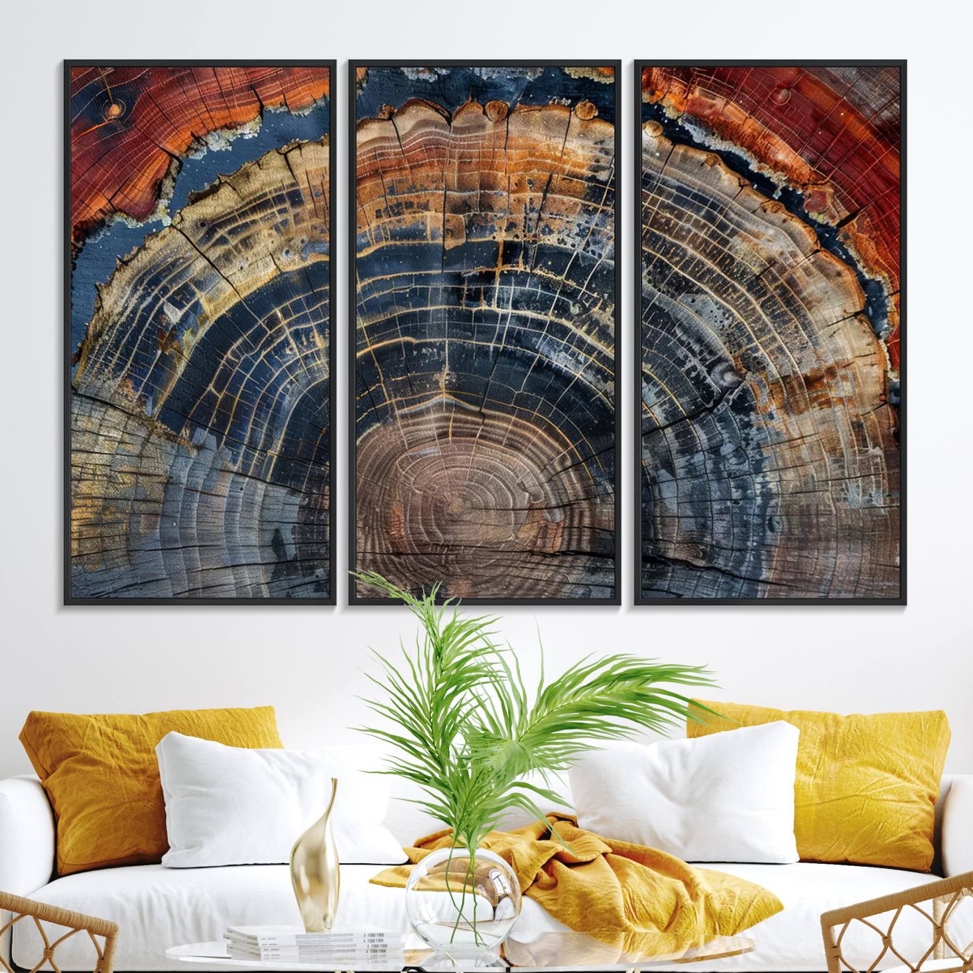 63519-MGV-FC-48X32-3P_Black-Abstract Tree Ring Wall Art - Colorful Framed Tree Ring Wall Decor, Minimalist Home Canvas Art, Modern Farmhouse Decor