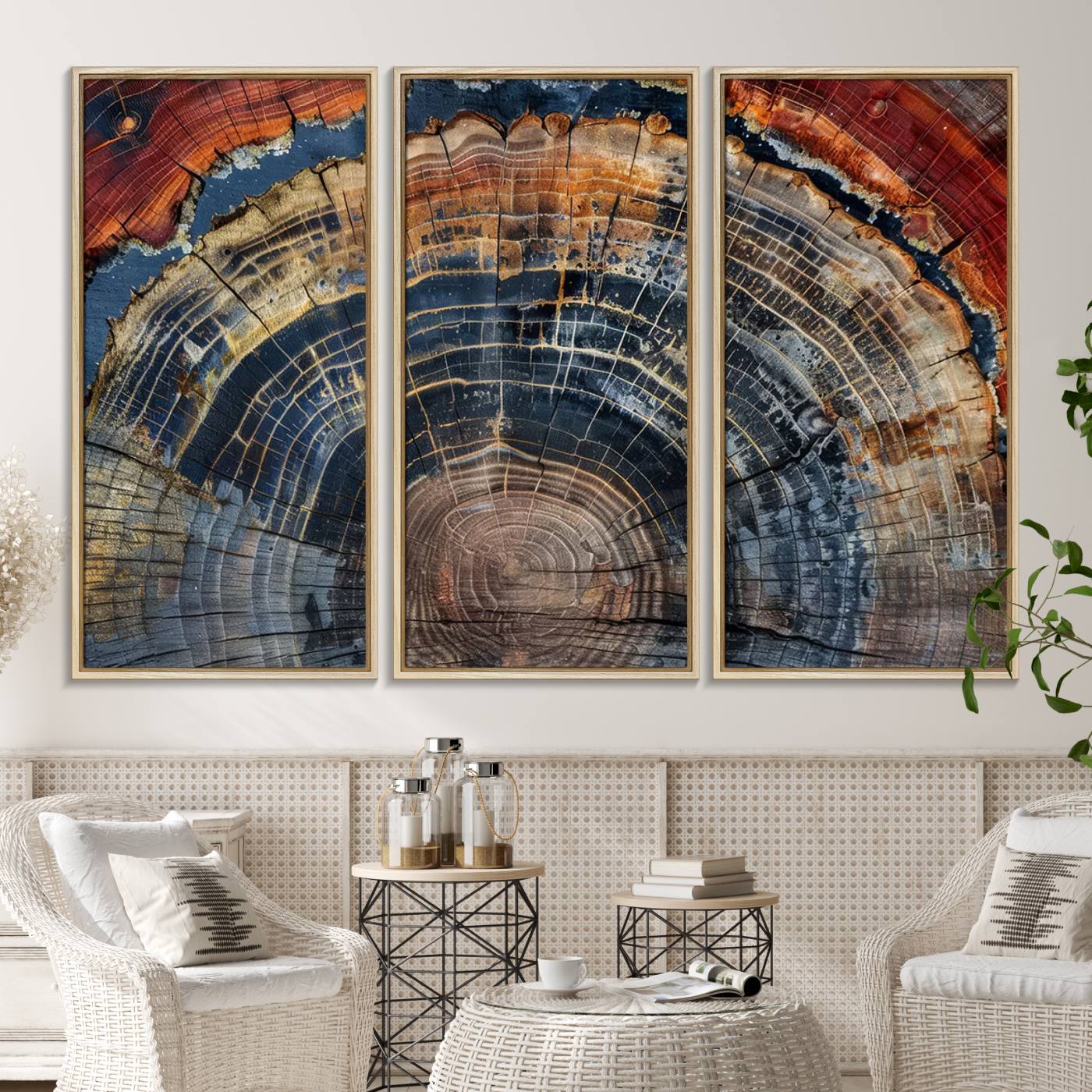63519-MGV-FC-48X32-3P_Natural-Abstract Tree Ring Wall Art - Colorful Framed Tree Ring Wall Decor, Minimalist Home Canvas Art, Modern Farmhouse Decor